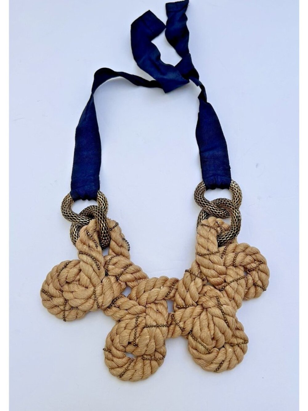 Piazza Sempione Beige Woven Rope Statement Necklace Tie Back Bib Chunky Boho - Picture 2 of 9